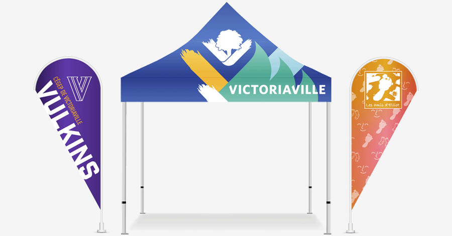 Tentes, beach flag, kiosques d'exposition, roll-up, panneaux publicitaires, etc.